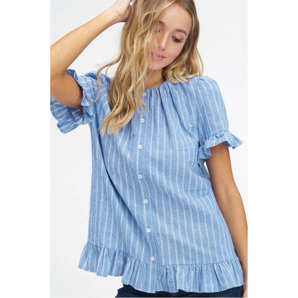 ♡ SOLD OUT! ♡ Blue Striped Button Down Ruffle Top - Picture 3 of 8